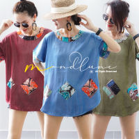 #3503 MondLune เสื้อเบลาส์คอกลม แขนสั้น แต่งอะไหล่ (รอบอก 46 นิ้ว) ผ้าไหมเกาหลี ผ้านิ่มๆ ลื่นๆ พริ้วๆ ใส่เย็นสบาย