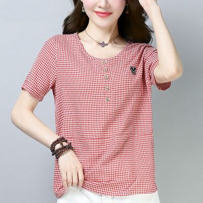 Loose plus size short-sleeved t-shirt womens small plaid bottoming shirt tops womens clothing tren宽松大码短袖T恤女小格子打底衫上衣女装衣服潮11.13 superior1108