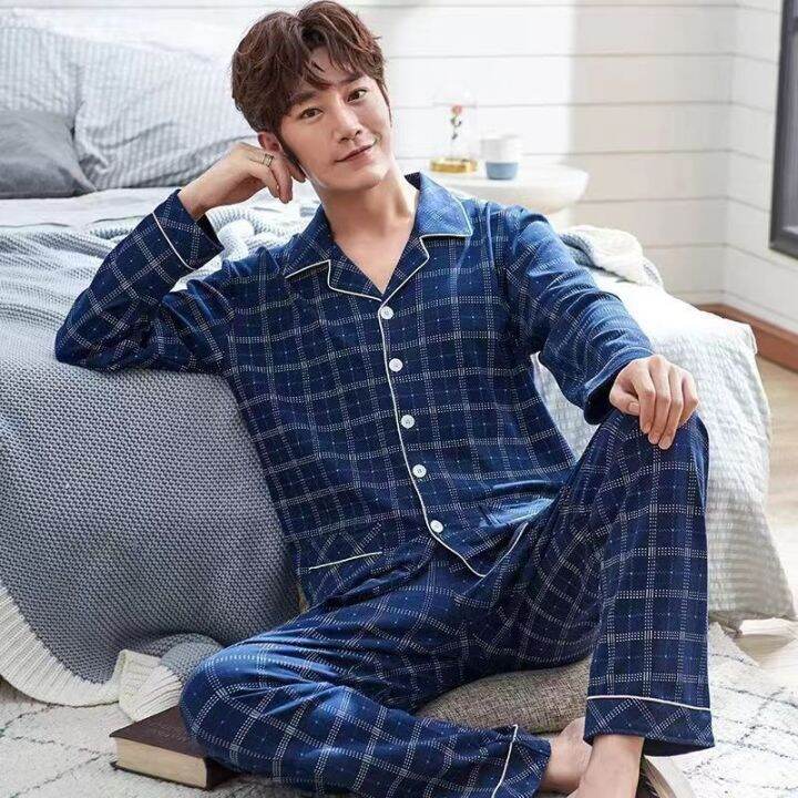 muji-high-quality-pajamas-mens-pure-cotton-long-sleeved-middle-aged-and-old-youth-spring-and-autumn-winter-cardigan-lapel-large-size-mens-pajamas-home-clothes-set