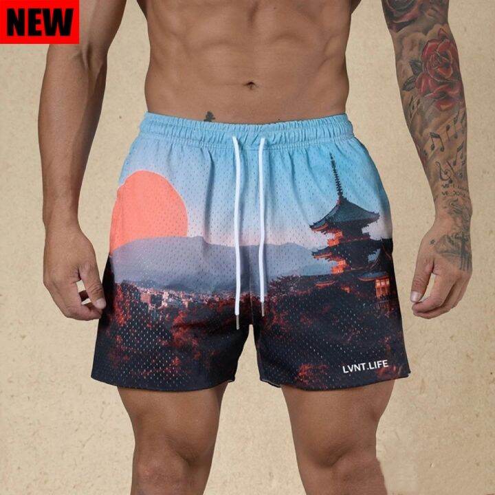 lvnt-life-landscape-painting-mens-shorts-above-knee-mesh-quick-drying-breathable-shorts-high-quality-print-enlarged-size-fitness-running-basketball-loose-star-same-ins-fashion-h