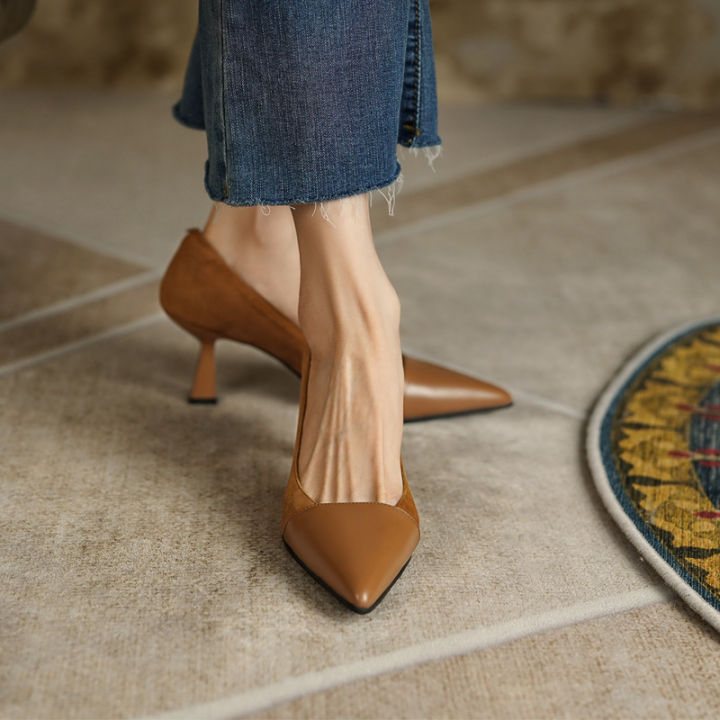รองเท้าส้นสูงเด็กผู้หญิงแบบเย็บสีน้ำตาลอ่อน-รองเท้าเฟรนช์ปลายแหลมบางใส่ได้หลายโอกาสรองเท้าส้นสูง