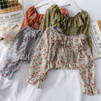 Women Ruffles Blouses Chiffon Short Style Female Print Casual Tops Butterfly Sleeves Spring Floral Ladies Sweet Fit Shirts