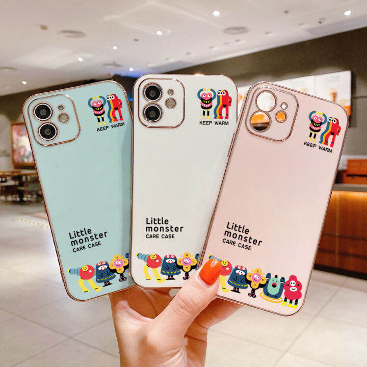 ggk-เคสสำหรับ-realme-11-5g-11-pro-5g-11-pro-5g-realme-narzo-60-5g-ฟรีสายคล้อง-สัตว์ประหลาดตัวน้อยการ์ตูนน่ารักลวดลายขอบสี่เหลี่ยมชุบเคสโทรศัพท์เคสโทรศัพท์นิ่มสุดหรู