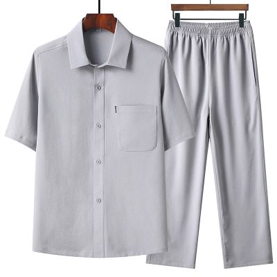 กางเกง) (เสื้อ2023ฤดูร้อนแฟชั่นผู้ชายเสื้อผู้ชายผ้าฝ้ายและเสื้อลินินผู้ชายแขนสั้นเสื้อลำลองผู้ชาย M-5XL ขนาด