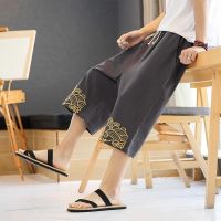 、’】【= Summer Mens Linen Japanese Kimono Pants Loose Youth Seven-Point Pants Embroidered Jogging Pants Workwear Sweatpants