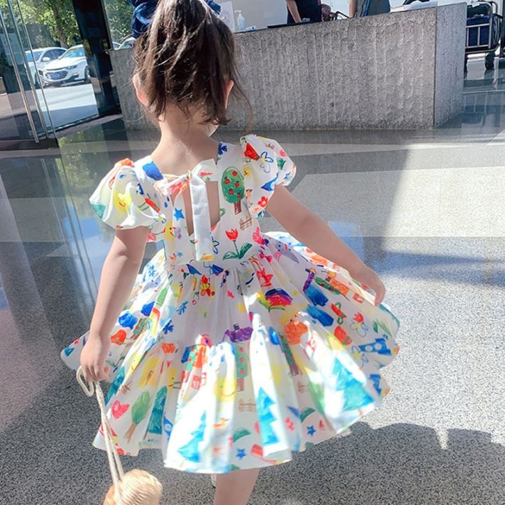 jeansame-dress-ฤดูร้อนสาว39-ชุด2022ใหม่พัฟแขนลำลองการ์ตูนพรรคปริ๊นเซชุดน่ารักเด็ก39-s-สวมใส่เด็กเด็กสาวเสื้อผ้า