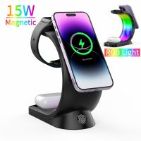 4 In 1 RGB LED Magnetic Wireless Charger Stand For Iphone 14 13 12 Pro Max 15W Fast Charging Station For Airpods Apple Watch 7 6