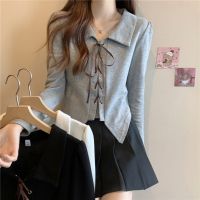 Gray Polo Collar Slimming Shoulder T-Shirt Womens Long Sleeve Spring Irregular Chic Beautiful Short Top Base Shirt