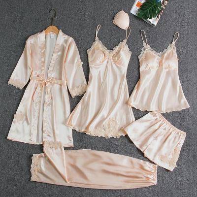 Sleepwear Female 5PCS Pajamas Set Satin Pyjamamas Lace Patchwork Bridal Wedding Nightwear Rayon Home Wear Nighty&amp;Robe Suit