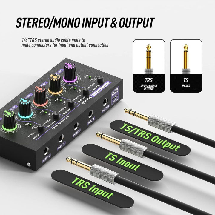 riworal-mini-audio-stereo-mixer-4-channel-1-4-inch-tsr-ts-audio-input-jack-for-line-mixer-stereo-mono-cutovers-compatible-with-mic-guitars-volume-amplifier-knob-mix-audio-output-to-small-mixer-amp-spe