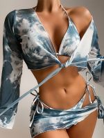 Sexy Multi-Piece Mesh Swimsuit Women Tie Dye Bikini Print Long Sleeve Swimwear String Low Waist Bathing Suit Push Up Beachwear