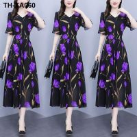 2023 summer new floral chiffon dress plus size fat women mm. Tighten the waist long covers belly.