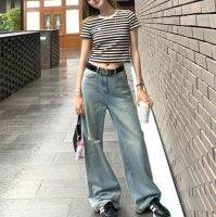 ✤ ผลิตโดย WANANTONG Childrens Washed Ripped High Waist Jeans Womens Summer Loose and Slim trousers