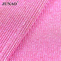 JUNAO 24*40cm Pink Color Hot Fix Glass Rhinestone Fabric Mesh Crystal Appliques Trim Strass Ribbon for Crafts