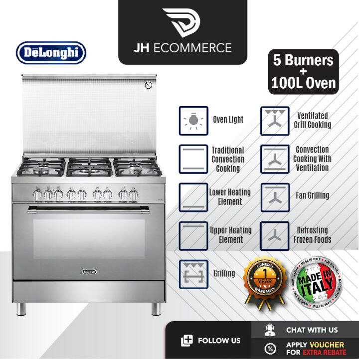 Delonghi 5 Sabaf Burners + Giant Electric Oven 100L Professional Range