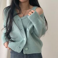 ☽☢◕ Lucyever Knitted Sets Short Cardigan and Woman Korean Buttons Up V-Neck Sweater