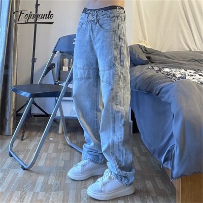 【CC】▣  FOJAGANTO Mens Jean Pants Straight Wide-Leg Jeans Loose Couple Street Denim Male