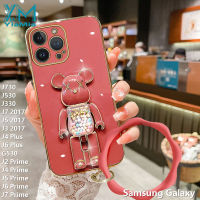 YIMia เคสโทรศัพท์เนื้อนิ่มสำหรับ Samsung Galaxy,เคส J2 Prime J4 Prime J5 Prime J6 Prime J7 Prime J4 Plus J6 J7 J5 2017 J3 J730 J530แฟชั่นน่ารักสีชมพูมีไฟกะพริบเคสมือจับสำหรับโทรศัพท์มือถือ TPU นุ่มโลหะด้วยไฟฟ้า6D ฝาครอบโทรศัพท์ + สายรัดข้อมือ