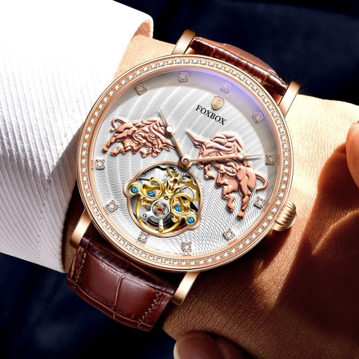 นาฬิกาทัวบิยองนาฬิกาหนังแท้กันน้ำนาฬิกากลไกอัตโนมัตินาฬิกาข้อมือเรโทรผู้ชายคลาสสิกสู้วัวกระทิง3d-แบรนด์-foxbox