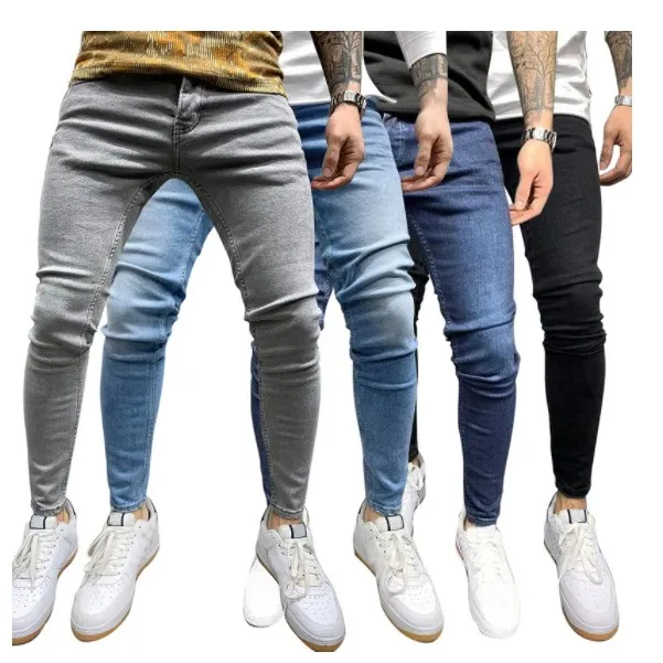 Jeans Men Elastic Waist Skinny Jeans Men Stretch Ripped Pants Streetwear Mens Denim Jeans Blue