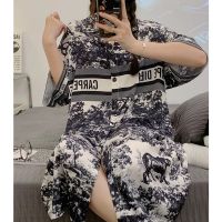 COD Graffiti pattern pajamas womens summer ice silk short-sleeved long skirt Sexy sweet high-end ladies nightdress