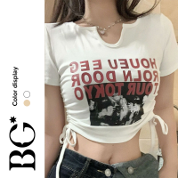 BG World เสื้อยืดคอวีแขนสั้นคอวีไหล่เดียวสำหรับผู้หญิง HZFWC1004