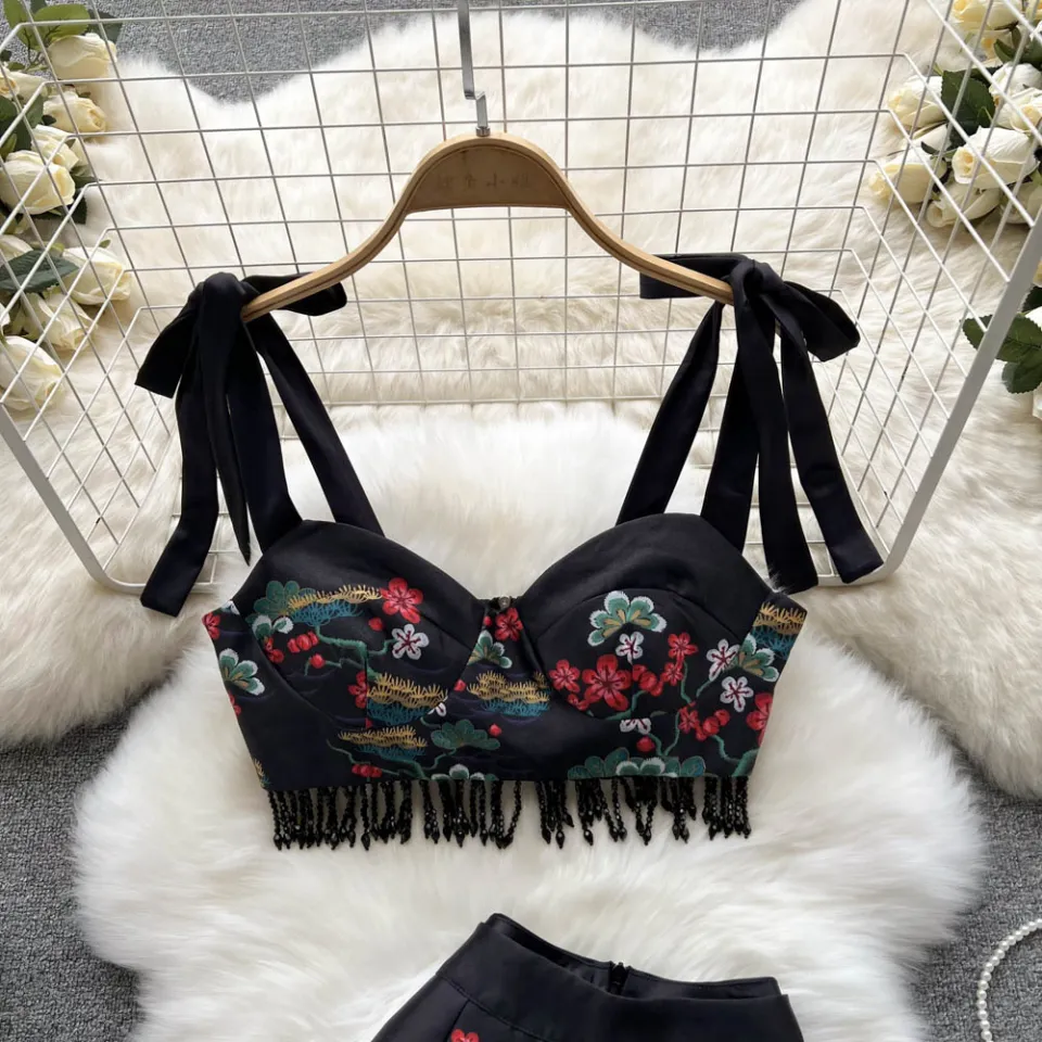 2022 Summer Retro Two-piece Set Women Print Strappy Short Top High Waist  Shorts Outfits Ladies Elegant Black Suits