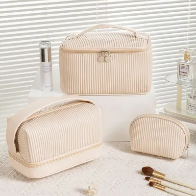 High-end MUJI Butter Toast Cosmetic Bag Double Pressed Pleated Wash Bag Large Capacity Light Luxury Handbag Travel Portable Storage Bag