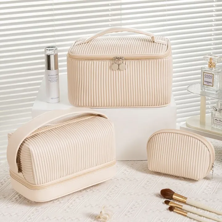 high-end-muji-butter-toast-cosmetic-bag-double-pressed-pleated-wash-bag-large-capacity-light-luxury-handbag-travel-portable-storage-bag