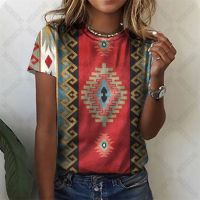 Ethnic Aztec Printed Vintage T-shirts For Women Soft Fabric Summer Casual Tees Girls Boho Short Sleeve Tops Fashion Pullover