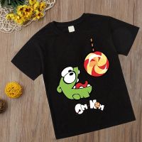 เสื้อยืดคอกลมลาย Game Om Nom สำหรับทารกเด็กผู้ชายเด็ก,เสื้อยืดคอกลมตัดเชือกเสื้อยืดลายกบสำหรับเด็กผู้หญิงการ์ตูนลำลอง