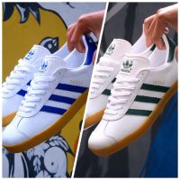 ☢✘๑ Adidas ORIGINAL GAZELLE Series Mens snaekers Shoes Color white strip blue and green