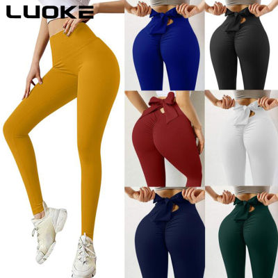 Luoke กางเกงกีฬาโยคะเอวสูงของผู้หญิง,เลกกิ้งรัดรูปเอวสูงผูกโบว์ผูกโบใหม่