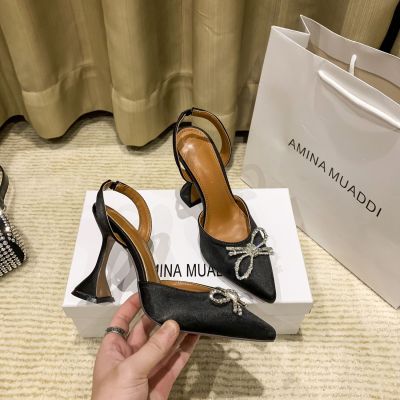 AM sandals womens Amina Muaddiˉ2023 summer super hot bow rhinestone wine glass heels womens pointed toe high-heeled womens shoes high quality with box