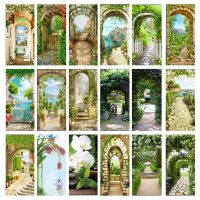 【CW】 Door Sticker Garden Scenery Wallpaper Self-Adhesive Vinyl Mural Bedroom Decoration Doors Cover Posters