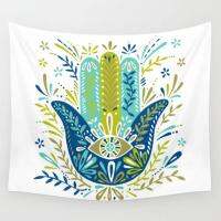 Hamsa Hand Lime Turquoise Navy Palette Tapestry Wall Hanging Bedspread Coverlet Art Bedding Sheet Towel Table Cloth Tapestries