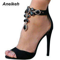 Aneikeh Black Crystal Women Embellished Suede Leather High Heel Sandals y Peep Toe Ankle Strap Rhinestones Gladiator Shoes