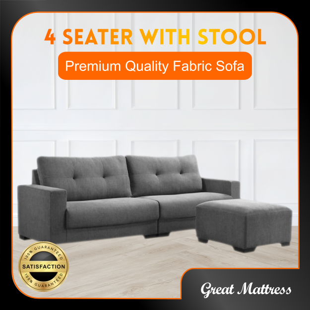 SOFA L SHAPE 4S+STOOL / SOFA PANJANG / SOFA MEWAH / SOFA FABRIK / SOFA