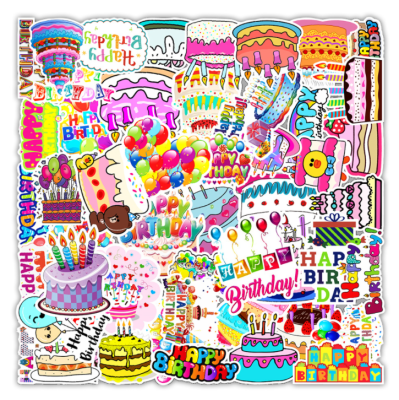 พร้อมส่ง 50ชิ้น สุขสันต์วันเกิด วันเกิด HBD Happy Birthday sticker พลาสติกกันน้ำ สีคมชัด แฮปปี้เบิร์ดเดย์ เค้ก cake