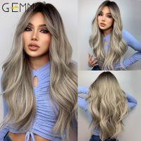 GEMMA Long Wavy Black Brown Gray Ash White Ombre Synthetic Wig with Bangs Cosplay Daily Party Wig for Women Heat Resistant Hair Wig  Hair Extensions P