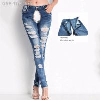 ● ได้17fw4676 Invisível Zíper Abto Virilha Calças Namorado Sexo Ao Ar Livre ลำลองของผู้หญิง Cintura Alta Reta Rasgado Jeans Afligido