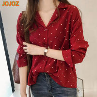 Women Long Sleeves Lapel T-shirt Casual Loose Polka Dot Tunic Tops Single Breasted Cardigan Chiffon Blouse