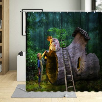Spring Natural Scenery Shower Curtain Mountain Wooden House Print Bathroom Curtains Waterproof Fabric Bathtub Decor With Hooks