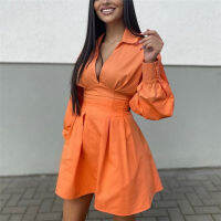 Casual Woman Orange Slim Hollow Out Shirt Dress 2021 Spring Lacing V Neck Beach Short Dresses Girls Y2K High Waisted Dresses