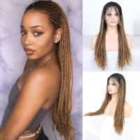 Charisma Ombre Brown Wigs Box Braids Braided Wig Heat Black Roots Synthetic Lace Front Wig for Black Women with Baby Hair Gift ของขวัญ