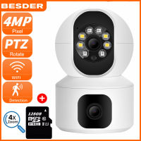 BESDER 4MP Dual Lens WiFi Camera จอภาพเด็กแบบ Dual Screen การติดตามอัตโนมัติ Ai Body Detection การรักษาความปลอดภัยภายในบ้านในร่ม 1080P กล้องวงจรปิด IP กล้องรักษาความปลอดภัย ICsee APP