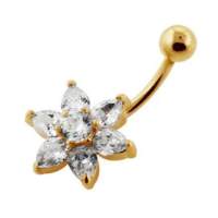 MC จิวสะดือ เงินแท้ชุบทองรูปดอกไม้ไม่เครื่อนใหวประดับอัญมณีGold Plated Sterling Silver Clear Jewel Flower Navel Belly Bar