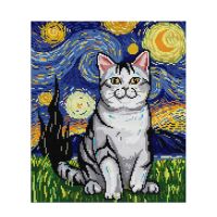 Starry Night and Cats DIY Art Pattern Embroidery 11CT Fabric Needle Thread Kits Childrens