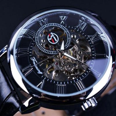 ForXining นาฬิกาจักรกลผู้ชายหนังโครงกระดูกเป็นช่องแกะสลักโลโก้3d แบรนด์หรูนาฬิกาจักรกลข้อมือชาย