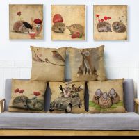 {fabric sofa}วินเทจ CuteHedgehog ปลอกหมอนอิงสำหรับโซฟาพิมพ์ DriveThrow ปลอกหมอนตกแต่งปลอกหมอน45x45cm